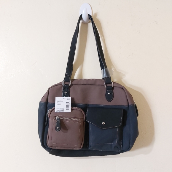 Soft Faux Leather Small Navy Blue Black Tan Colorblock Utility Handbag Purse - Picture 11 of 11